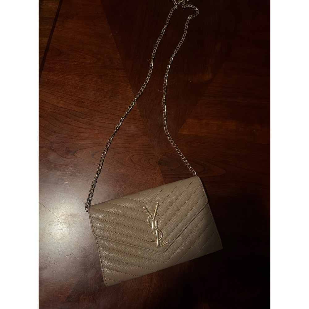 YSL Knock off Chain Wallet Beige Chevron Faux Leather